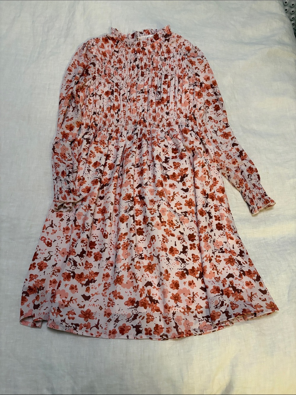 Grace Karin Pink Floral Long Sleeve Smocked Kids Dress